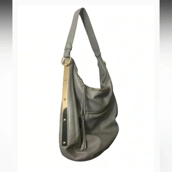 MMS HOBO VEAGAN LEATHER BAG TAUPE GRAY GOLD HARDWARE ZIPPER CLOSURE MEDIUM SIZE - Picture 4 of 10